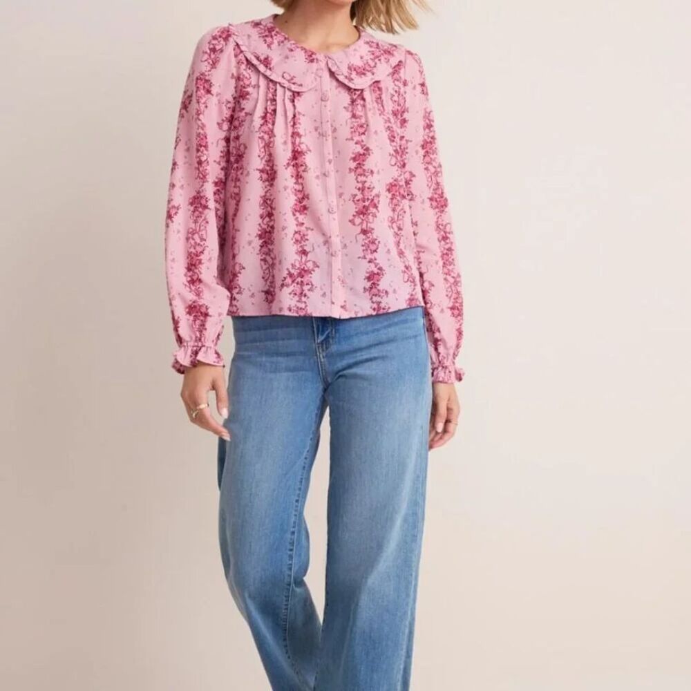 Francescas Vicki Floral Bib Collar Button Top Blouse Size Medium New